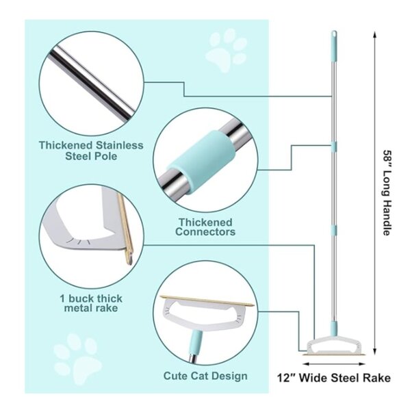 Large Metal Carpet Rake Pet Hair Removal Tool  58” Handle Thicker Poles 12” Wide - Picture 4 of 5